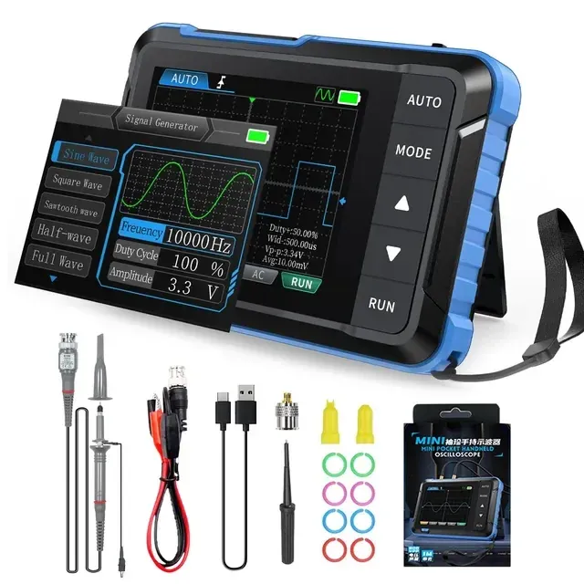 Handheld digital oscilloscope used on a UK maker workbench